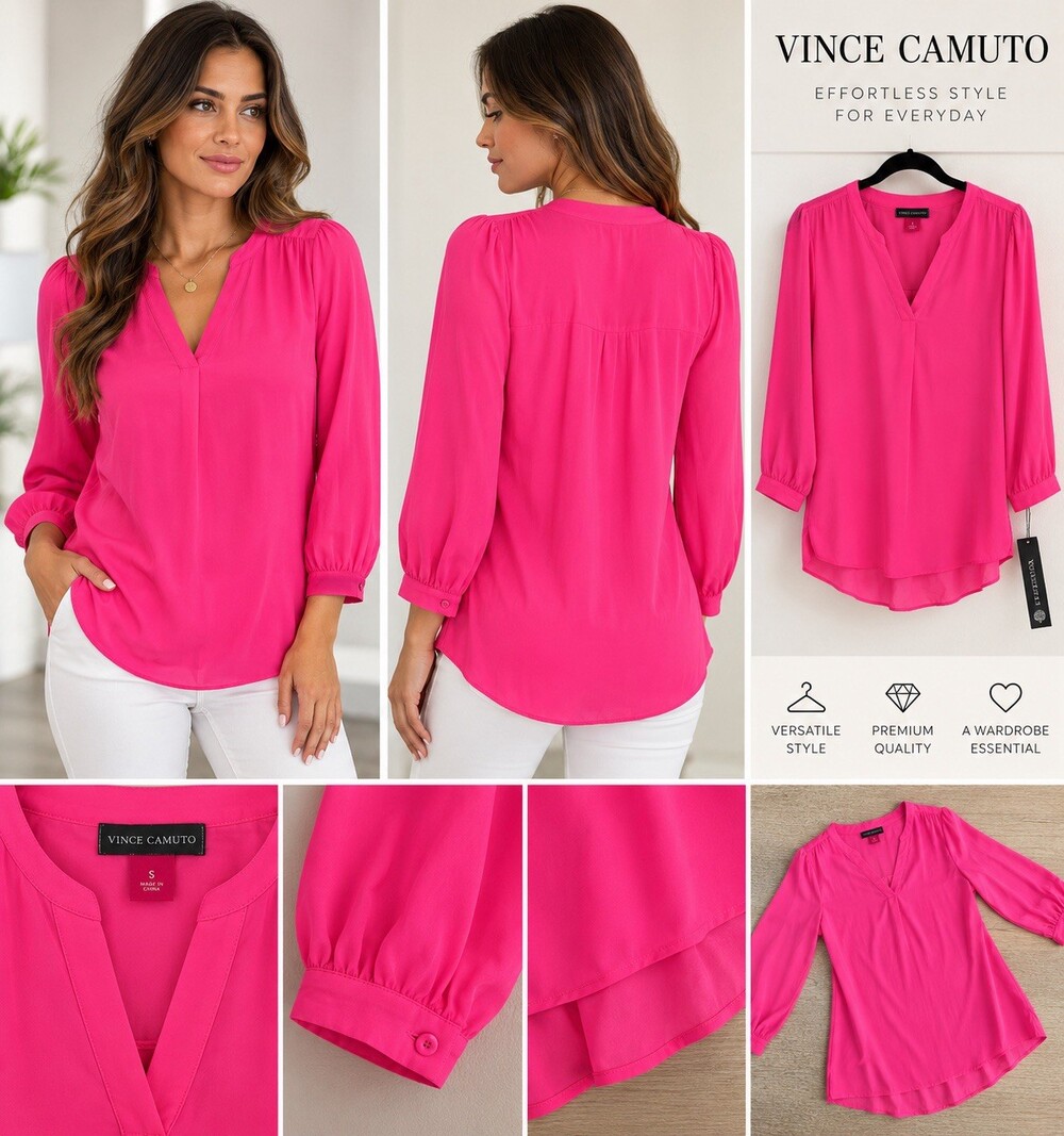 VINCE CAMUTO Woman’s Sz S Hot Pink V-Neck Blouse 3/4 Sleeve Flowy Tunic